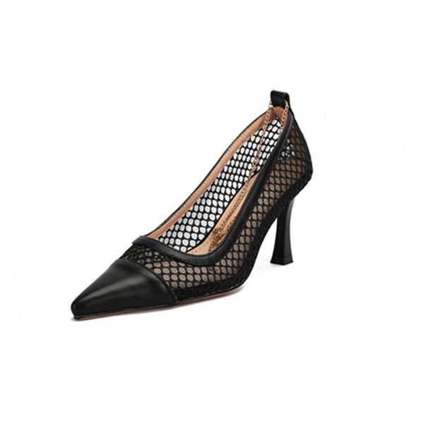

ladies sandals summer korean style pointed toe net stiletto heel metal strap decoration party dress shoes, Black