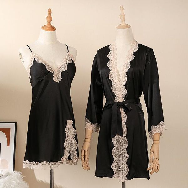 

women's sleepwear black faux silk robe kimono gown women summer dress lace satin home wear loose casual 2pcs nightgown bathrobe, Black;red