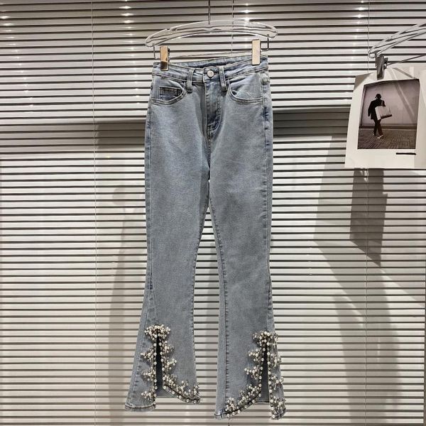

women's jeans female split-flare deat jeans solid-waist color pearls beads decoration pants spring summer 11b636 m3x6, Blue