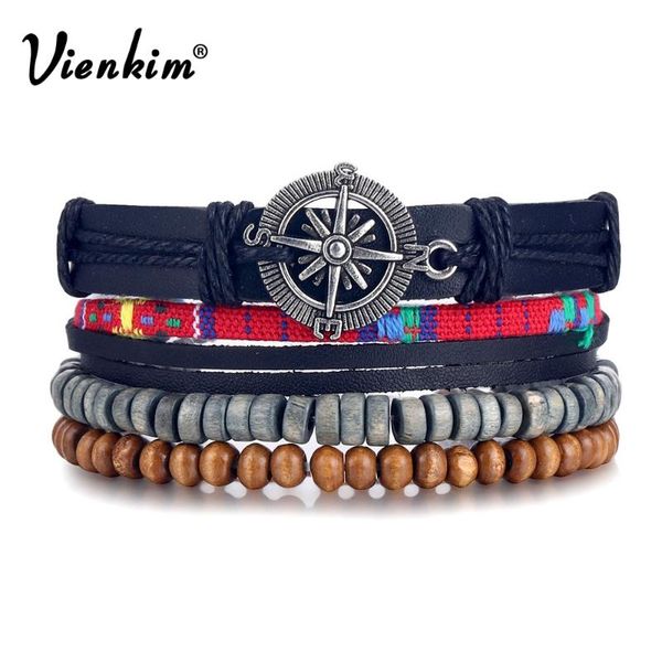 

charm bracelets vienkim ethnic handmade wood beads multilayer leather bracelet for men women classic compass weave rope set jewelry, Golden;silver