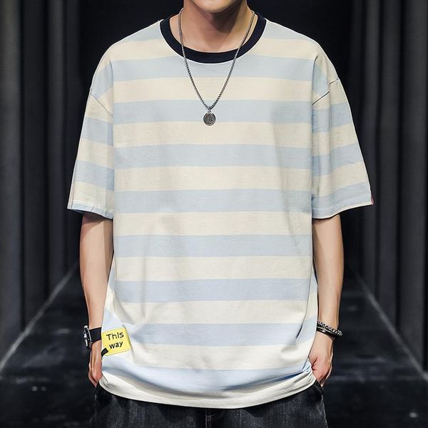 

men's short-sleeve t-shirt 2021 summer striped tees male japan style fashion casual loose cotton harajuku streetwear 26 t-shirts, White;black
