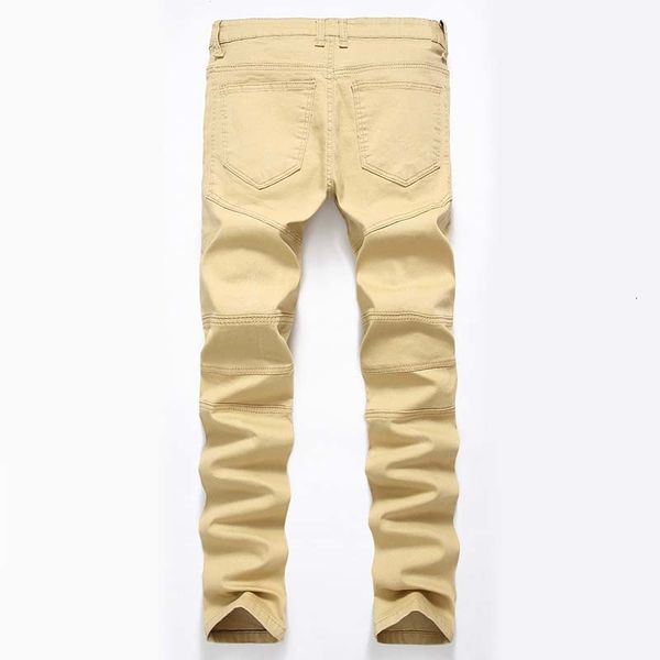 

new men biker jeans denim knees holes draped panelled fashional pants washed zipper high quality, Blue