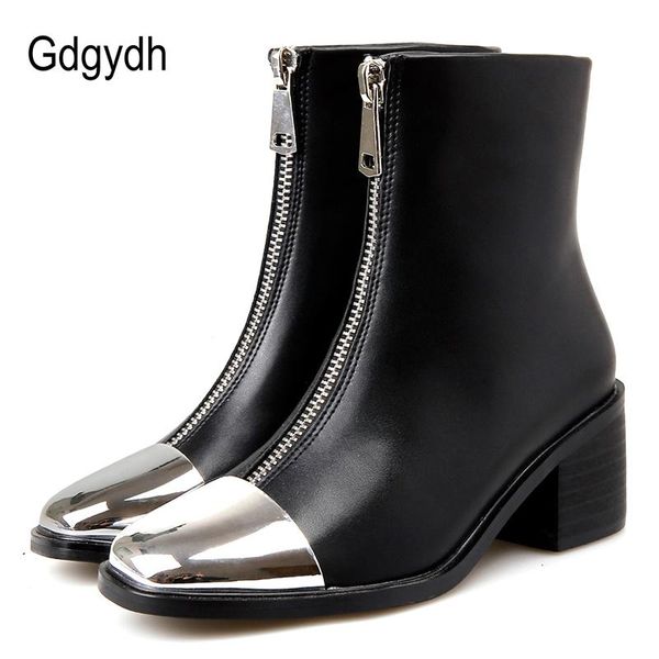 

boots gdgydh 2021 metal square toe women ankle thich high heeled british style female short gothic zipper black lady shoes
