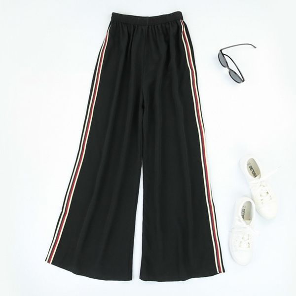 

pants women's 100% pure silk elastic waist loose type wide leg long pants trousers with stripes jn434, Black;white