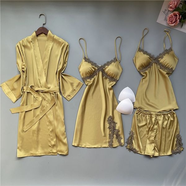 

women's sleepwear 4pcs sleep set female pajamas suit nightwear loose v-neck intimate lingerie kimono robe gown casual spring, Black;red