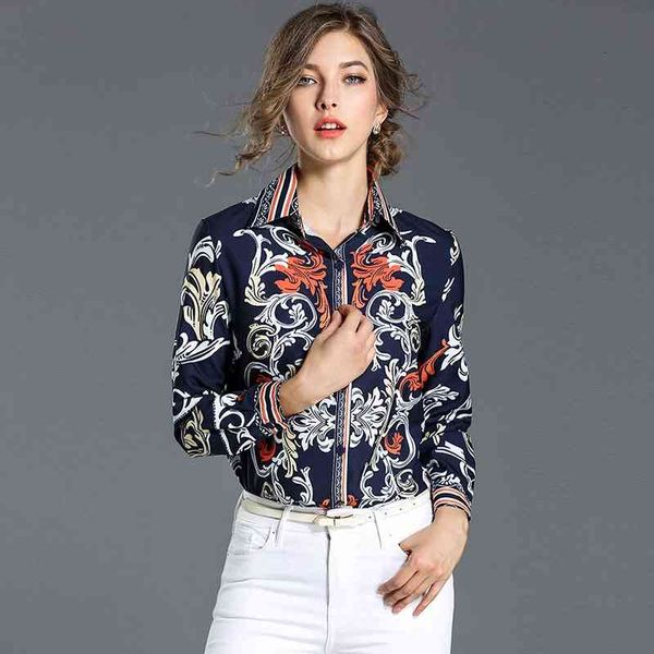

luxury vintage floral printed shirts spring fall runway women's long sleeve lapel neck blouses office lady business elegant slim shirt, White