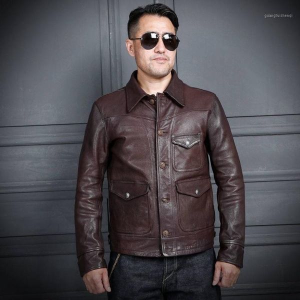 

men's leather & faux 2021 dark brown retro casual style genuine jacket men large size 3xl real natural sheepskin spring slim fit short, Black