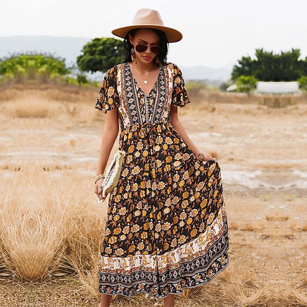 

casual dresses spring floral women v neck holiday style short sleeve print ladies summer elegant long nvjg, Black;gray