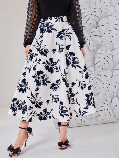 

floral print flare skirt r2nu#, Black