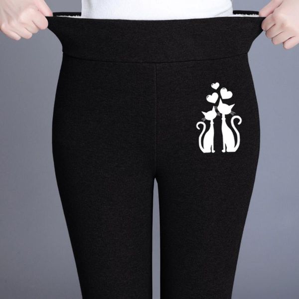 

women's leggings winter high waist women warm pants cold-resistant cat print stretchy comfortable keep and fleece, Black