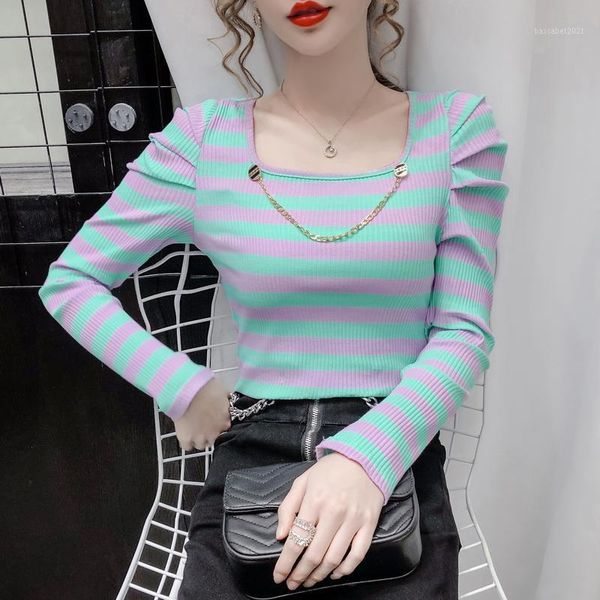 

women's t-shirt spring autumn fashion square collor striped long sleeve women slim puff korean style t2021, White