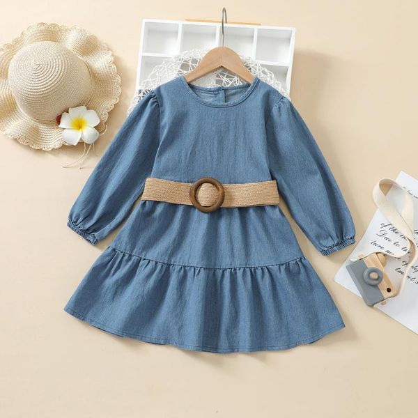 

girl's dresses fashion girls dress long lantern sleeve denim with belt solid color back button a-line casual short, Red;yellow