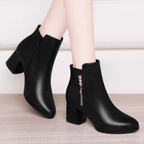 

boots thick heel short high 2021 autumn winter with ladies shoes women's cotton pointed ankle, Black