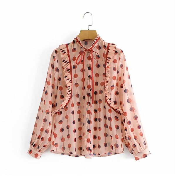 

women's blouses & shirts women fashion polka dot print lace up collar spring blouse chic lady casual long sleeve pleated ruffles c, White