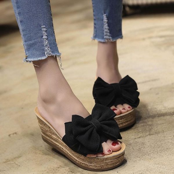 

dress shoes sandals 2021 women fashion solid color bow wedges slipper open toe kitten heels sandalias mujer, Black
