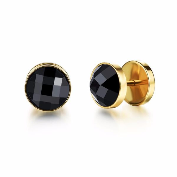 

stud 1 pair 2pc hip hop rock black cz stone earrings gold silver color 316l stainless steel men earring jewelry drop, Golden;silver