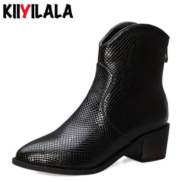

boots kiiyilal square heels cowboy for women snake leather shoes woman fashion back zipper womens botines mujer 2021, Black