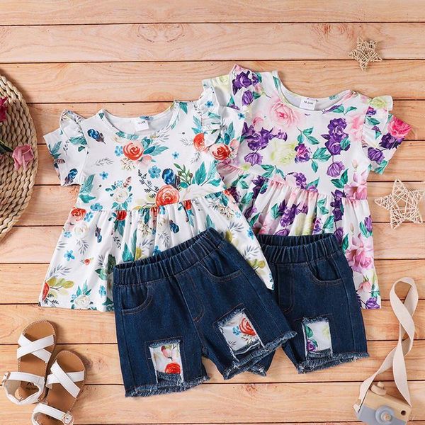 

clothing sets toddler kids baby girls summer denim shorts with printed clothes set vetement fille ropa niÃ±a meisjes kleding, White