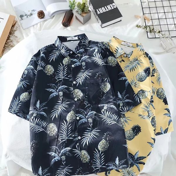 

korean vintage leaves pineapple floral couples short-sleeved shirt summer versatile mens and womens same beach seaside shirt, White