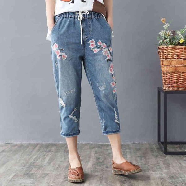 

washed hole loose all-match calf-lenght pants with drawstring retro flower embroidery elastic waist jeans mujer women female, Blue