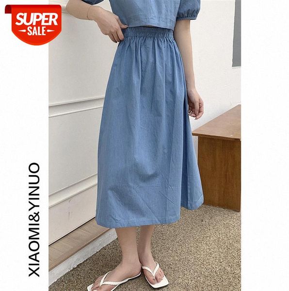 

[ou fan] 7929 denim long skirt female korean style high waist thin a-line umbrella mid-length half-length #1t1y, Black;gray