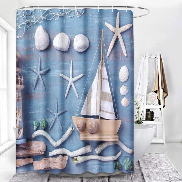 

shower curtains curtain beach blue boat ocean marine life wooden vintage abstract waterproof polyester bathroom decor set with hooks