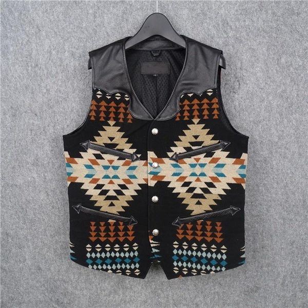 

men's vests patchwork fashion genuine leather vest men vintage printed waistcoat autumn slim casual sleeveless jacket plus size 5xl, Black;white