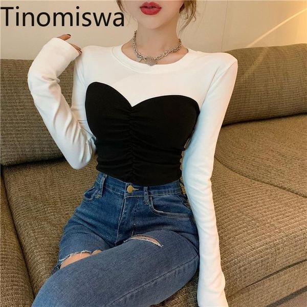 

women's t-shirt tinomiswa 2021 t shirts women o neck long sleeve contrast color patchwork slim fit elegant basic tshirts korean style a, White