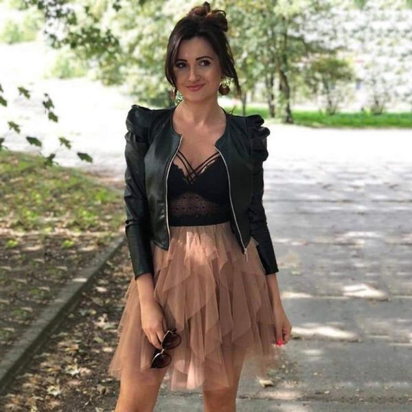 

women's jackets fashion ladies spring and autumn leather pu pleated suit jacket, Black;brown