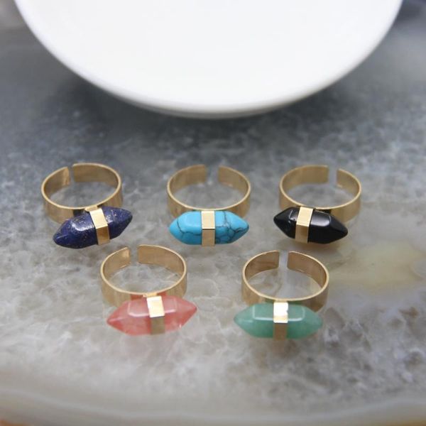 

cluster rings 1pc natural quartz hexagon pointed adjustable ring,chakra stone healing crystal stick woman finger jewelry party gift, Golden;silver