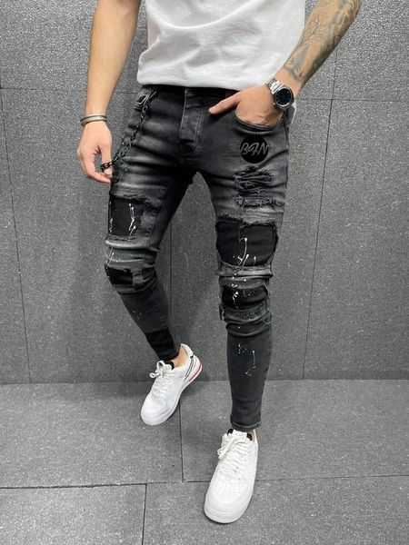 

men's jeans 2021 ripped skinny man black joint biker pencil long pants design hole casual trousers, Blue