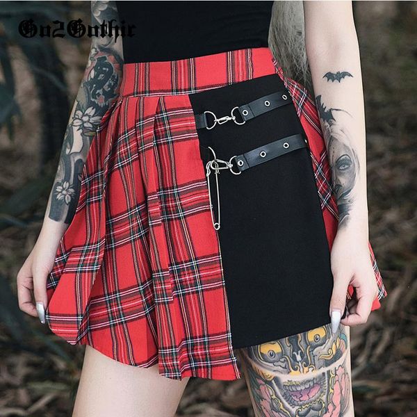 

harajuku gothic punk patchwork skirt women asymmetrical buckle red plaid high waist school girl check pleated goth skirts, Black