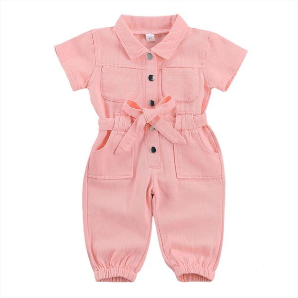 

fashion autumn girls jumpsuit work clothes toddler standing collar pocket short sleeve romper for children, White