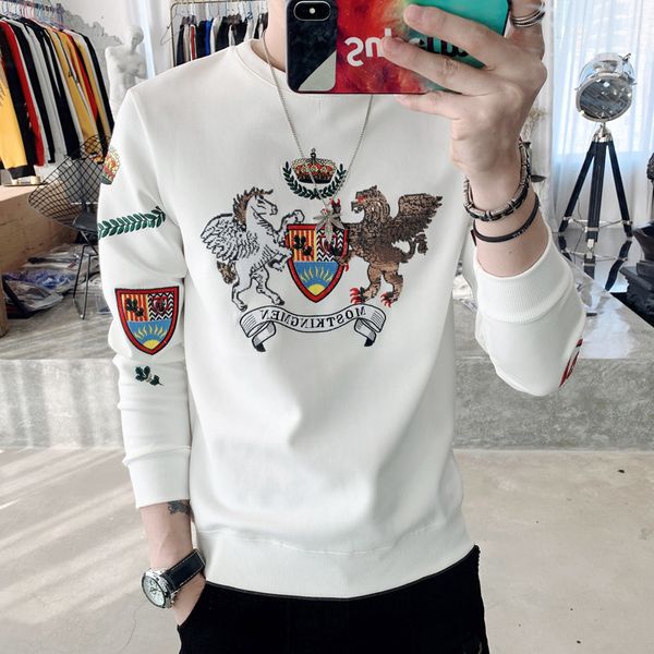 

men's hoodies winter embroidered sweater scaly long sleeve t-shirt bottom shirt youth crown tide slim top, Black