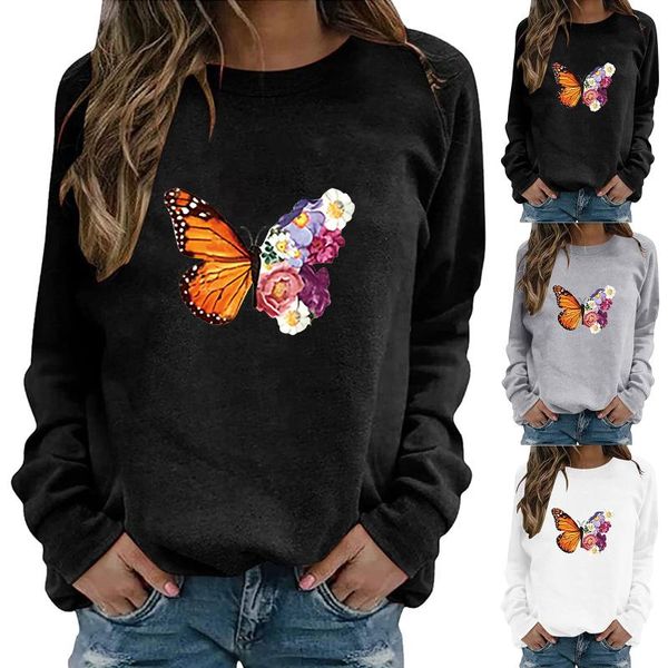 

women's hoodies & sweatshirts butterfly printed casual solid round neck pullover sweatshirt blouse women hooded 2021 moletom feminino, Black