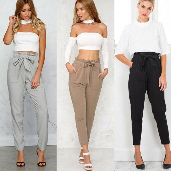 

women's pants & capris womens high waist paperbag trousers ladies striped cigaratte size 6-14 fashion lhor, Black;white