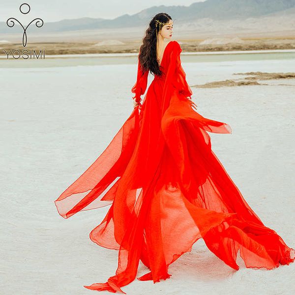 

yosimi floor-length red chiffon long women dress summer v-neck lantern sleeve fit and flare backless party dresses 210604, Black;gray