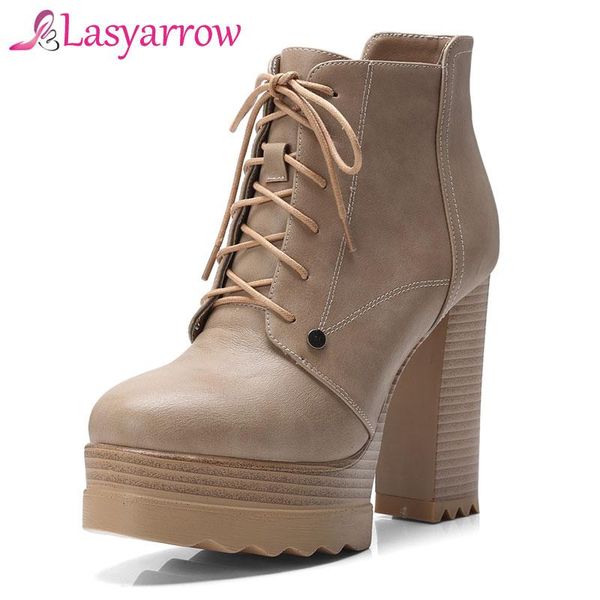 

boots lasyarrow zipper round toe female autumn winter ankle for women square heel platform lace up botas mujer f412, Black