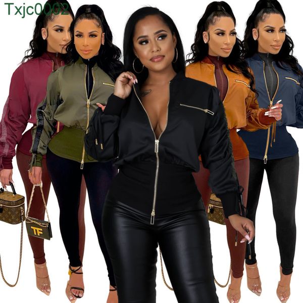 

women jacket designer slim drawstring waist flight suit double zipper coat ladies fashion clothes 5 colours, Black;brown