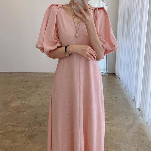 

[ewq] korea chic puff sleeve loose casual ladies robe summer product printed dress trendy clothing vestido 210423, Black;gray