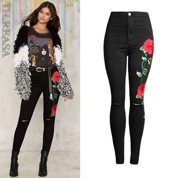 

women's jeans selling 3d embroidery ladies high waist pants black leggings, Blue