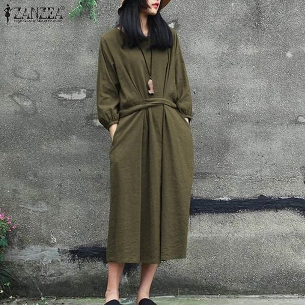 

fashion maxi dress women 2021 zanzea spring lace up cotton puff sleeve long sundress casual solid o-neck pockets plus size 5xl dresses, Black;gray