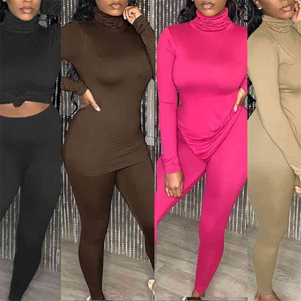 

women casual solid color slim sports suit turtleneck long sleeve t-shirt and leggings trousers autumn winter 2 pcs set 210517, White