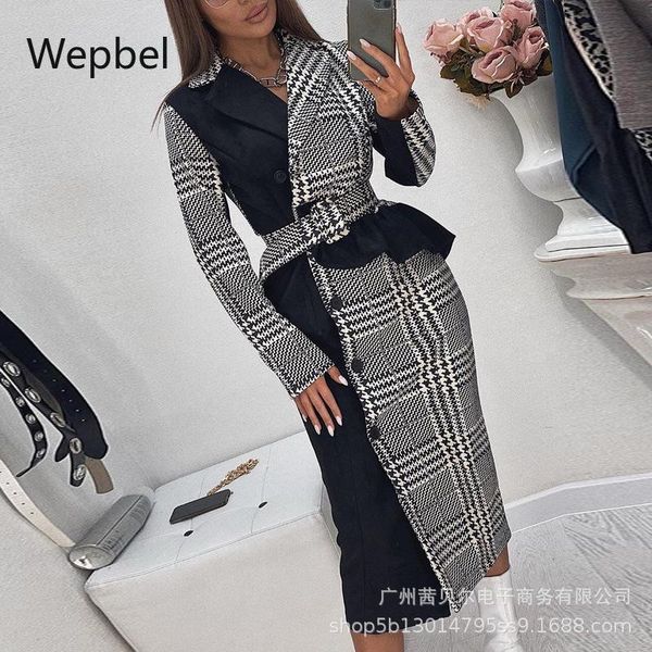 

casual dresses wepbel women business dress houndstooth color contrast patchwork high waist long sleeve slim fit, Black;gray