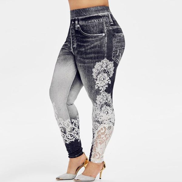 

women's leggings women casual lace flowers decoration printed legging imitation cowboy running exercises stretch sports pants trousers, Black