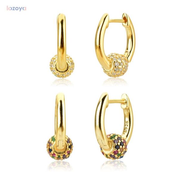

hoop & huggie lozoya 925 sterling silver rainbow colorful pendiente women beads hoops 9mm huggies dangle circle piercing luxury cz zircon, Golden;silver