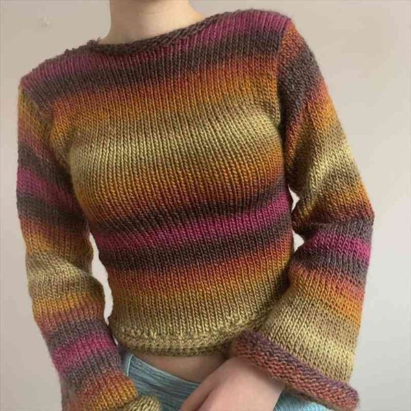 

autumn winter 90s vintage knitted sweaters striped crimping cropped pullovers chic women kawaii knitwear y2k retro streetwear, White;black