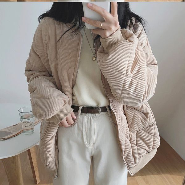 

mozuleva new 2021 autumn winter women thick jackets v-neck puffer corduroy parkas high-quality oversize vintage wild coat, Black