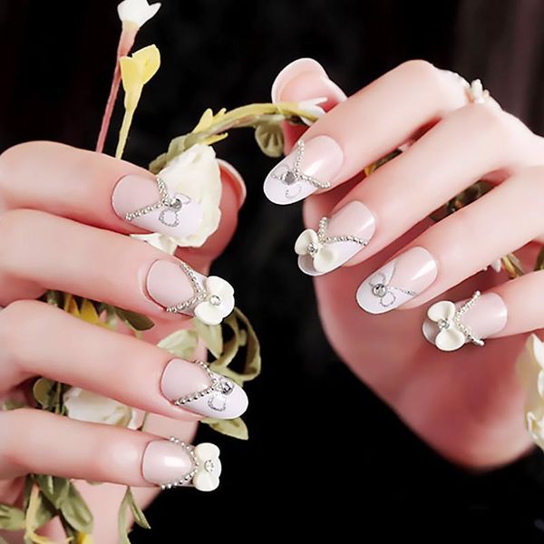 

false nails 24pcs artificial with glue bride french fake wedding art nail tips bowknot rhinestone press on to, Red;gold