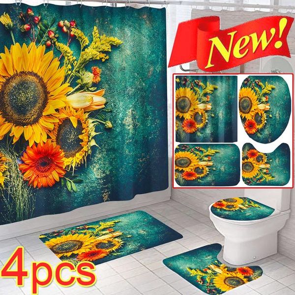

waterproof sunflower bathroom set shower curtain non-slip mats fabric toilet seat cover pedestal rug accessories curtains